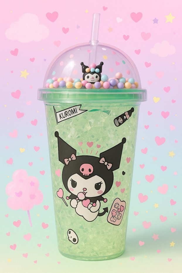 Cute Colorful Beaded Kuromi Design Drinking Cup with Straw for Children Water Bottle Green 2647
