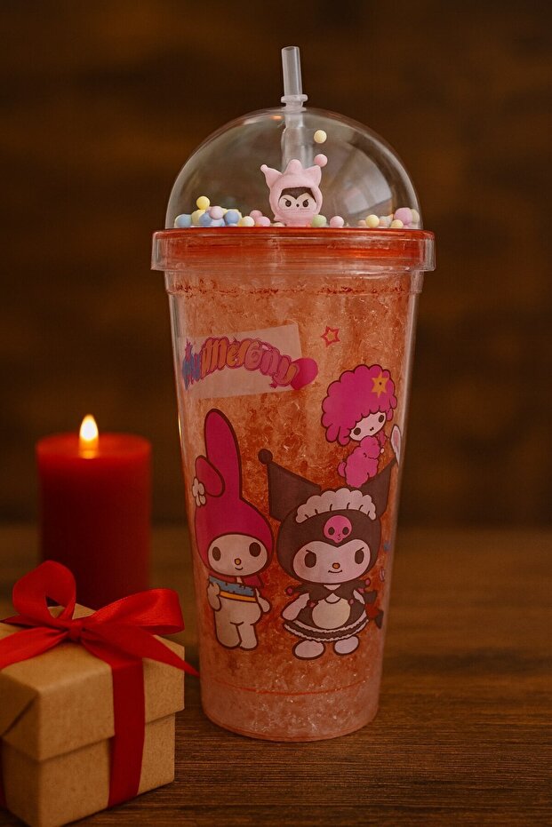 Cute Colorful Beaded Kuromi Design Drinking Cup with Straw for Children Water Bottle Pink 2647