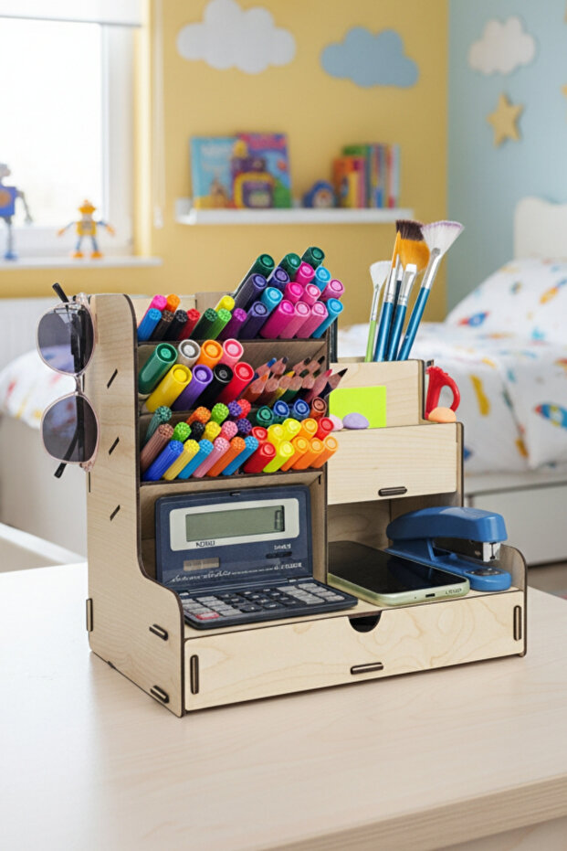 Lucky 10-Compartment Desktop Wooden Organizer Pen Holder - Jewelry Makeup Multi-Purpose Organizer