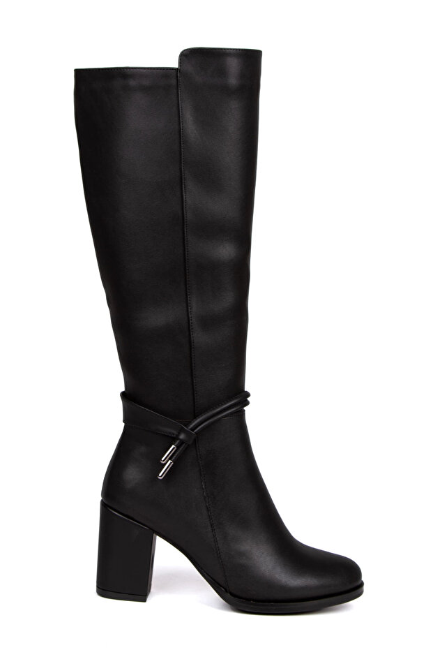 Women's Thick Heeled Black Faux Leather Ribbed Boots