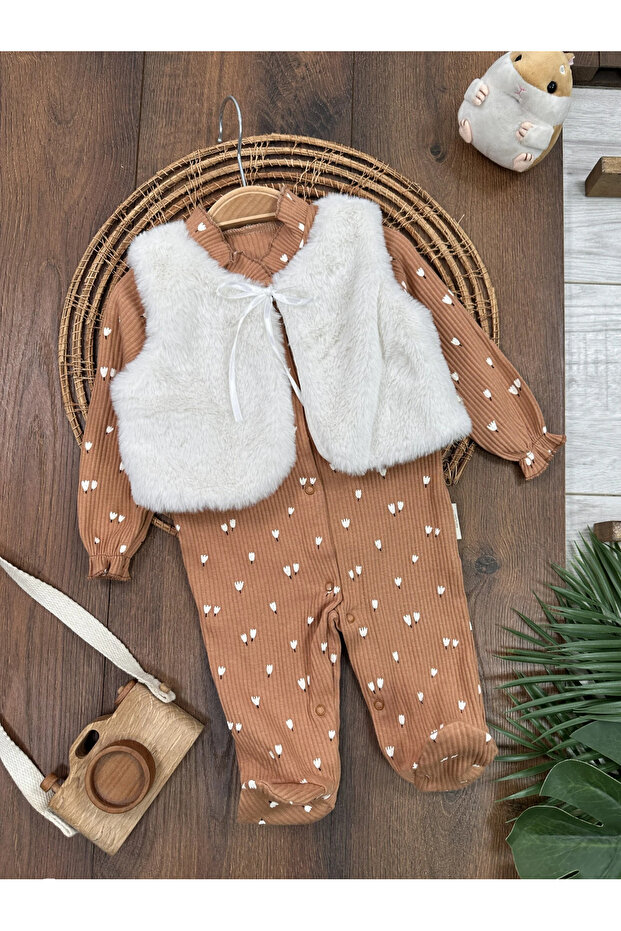 Plush Vest with Floral Pattern Front Snap Fastener Camisole Stretchy Baby Girl Romper