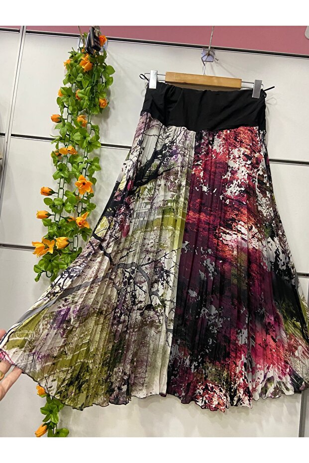 Patterned Midi Length Chiffon A-Line Skirt with Lining, Length 85 cm