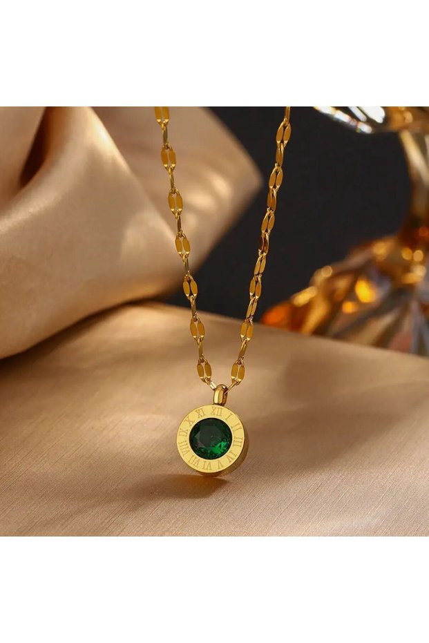 Green Stone Roman Numeral Stainless Steel Necklace