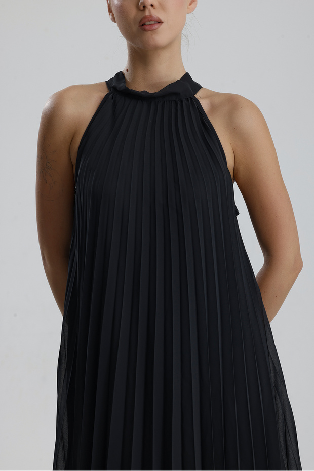 Astarlı Piliseli Uzun Abiye Desenli Şifon Elbise | ELB35127SF Antrasit - 4