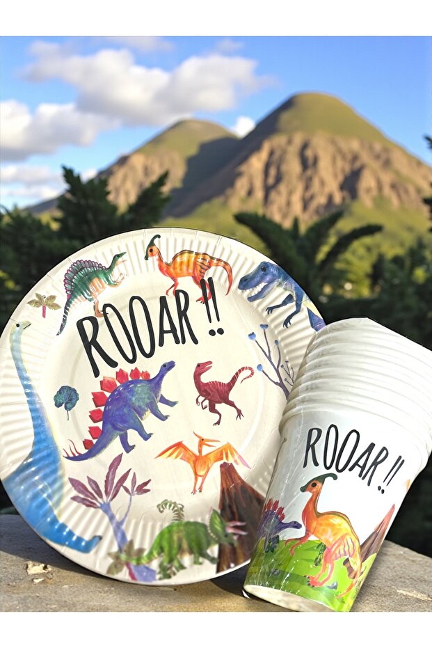 Dinozor Temalı Retro Karton Tabak Bardak Set 8 Tabak 8 Bardak 23 cm - 2