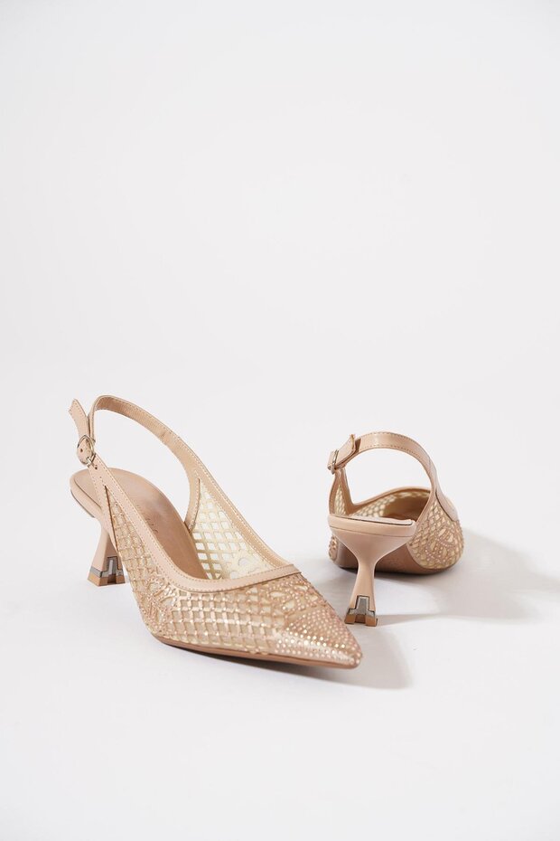 Women's Evening Dress Heeled Shoes with Stone Detail Gold