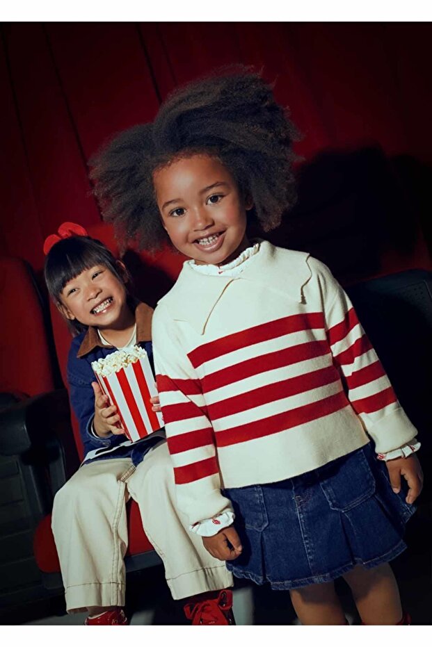 Winter Girl's Red Striped Sweater - Cream