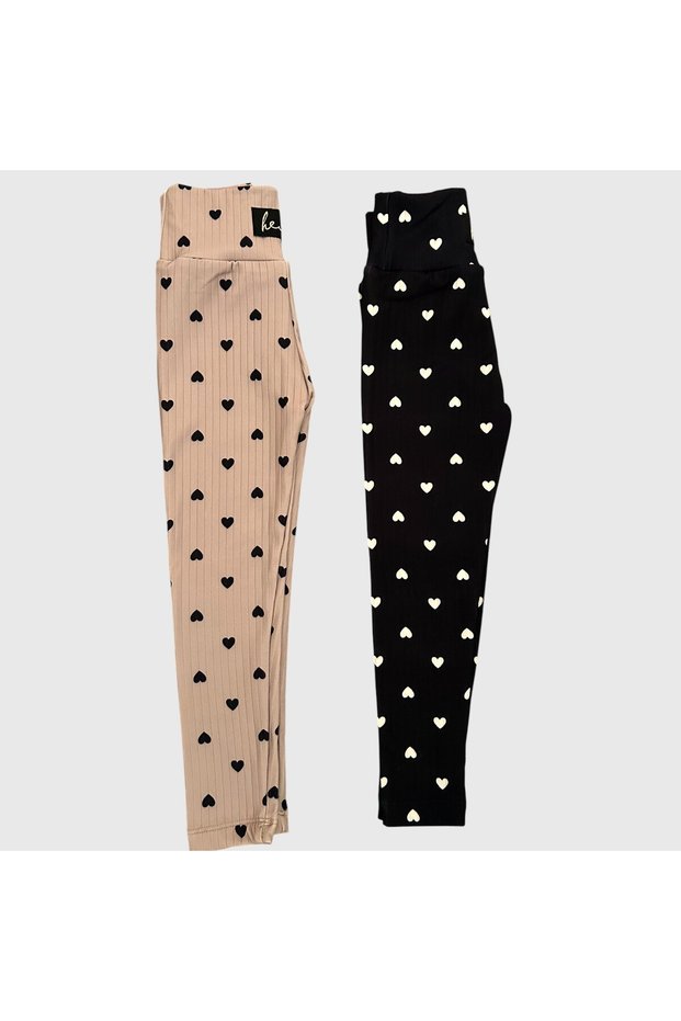 Girl's Heart-Patterned Black-Camel Color Fleece-Lined Thermal Winter 2-Piece Leggings Set 4-10 Years