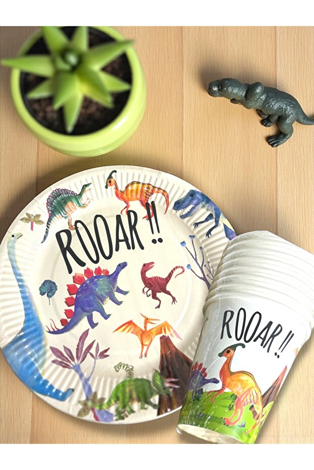 Dinozor Temalı Retro Karton Tabak Bardak Set 8 Tabak 8 Bardak 23 cm - 1