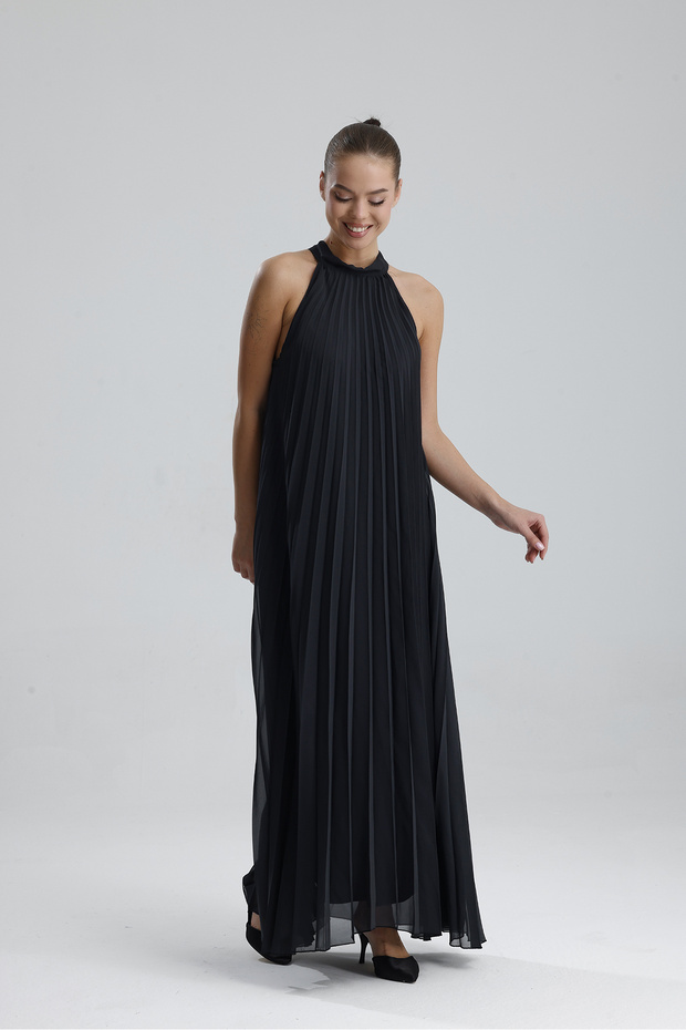 Astarlı Piliseli Uzun Abiye Desenli Şifon Elbise | ELB35127SF Antrasit - 2