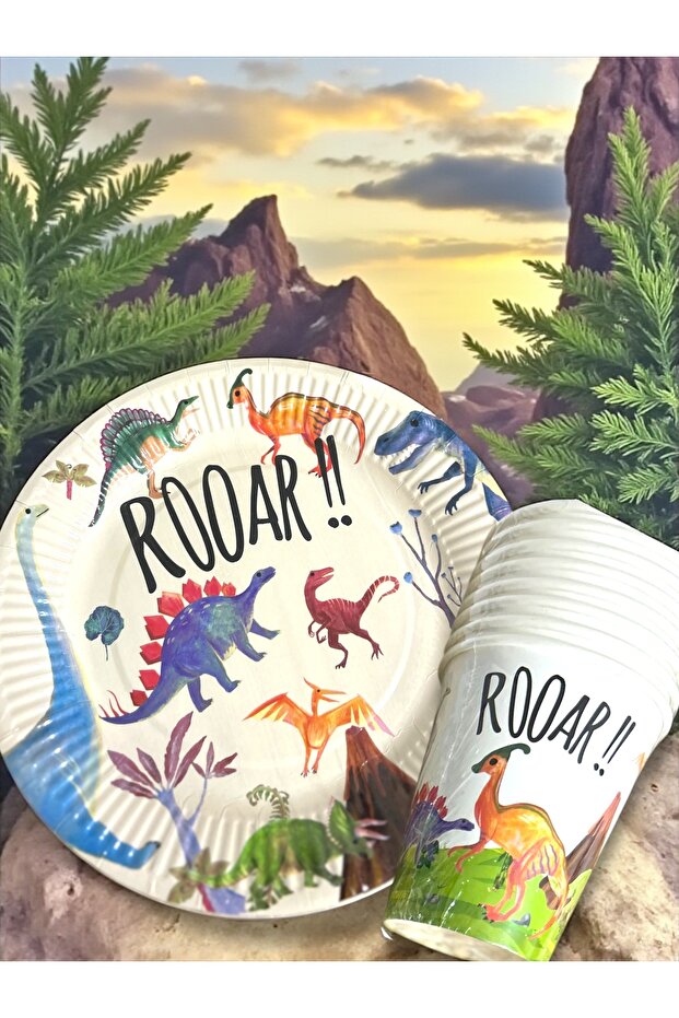 Dinozor Temalı Retro Karton Tabak Bardak Set 8 Tabak 8 Bardak 23 cm - 3