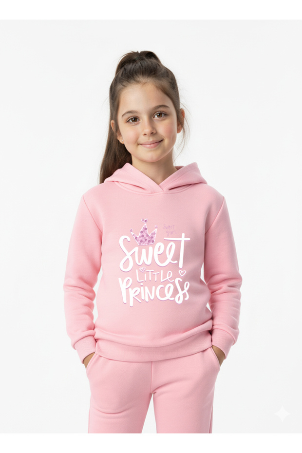 Sweet little printed kids' hooded premium compact sweatshirt tracksuit set with pockets and drawstring.