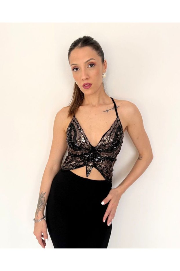 Star of the Night: Black Sequined Bustier with Butterfly Detail