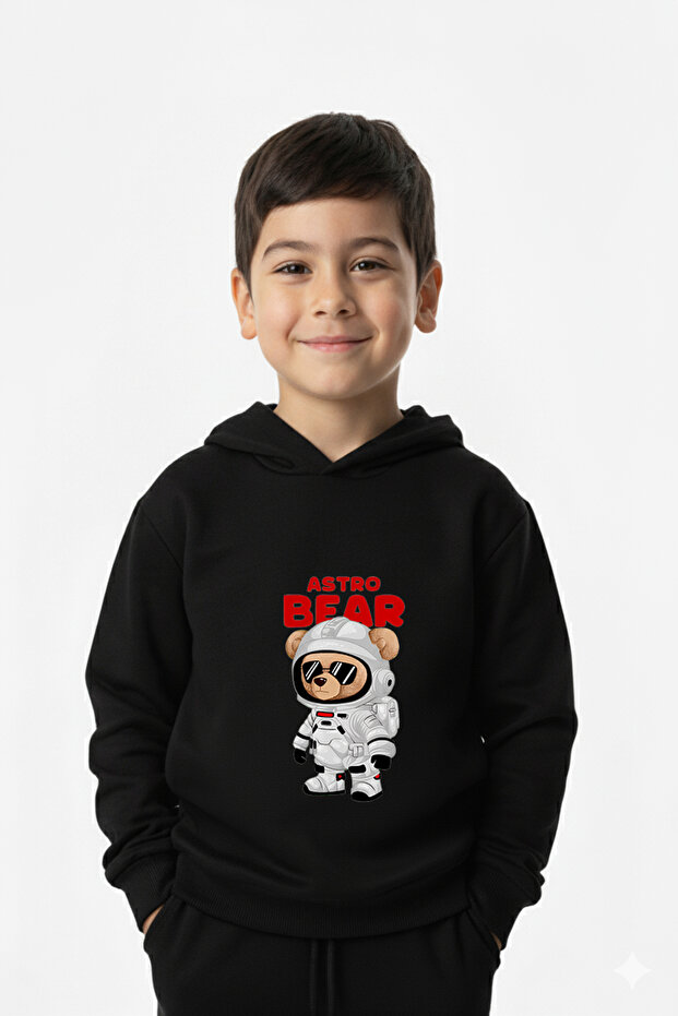 Astro Bear Printed Children's Hooded Premium Compact Sweatshirt Tracksuit with Pockets and Drawstrings