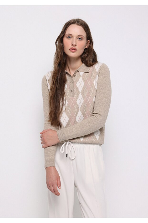 Regular Fit Polo Neck Printed Women's Beige Sweater