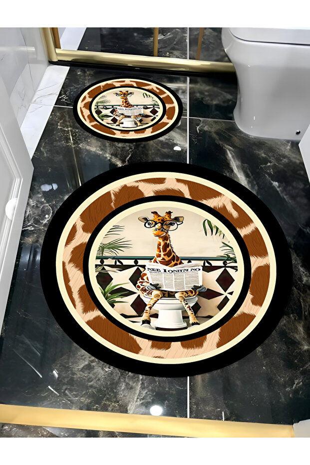 Hari̇kabi̇rev | Bathroom and Toilet Round Mat with Newspaper-Reading Giraffe Motive Modern | Yvrpsps