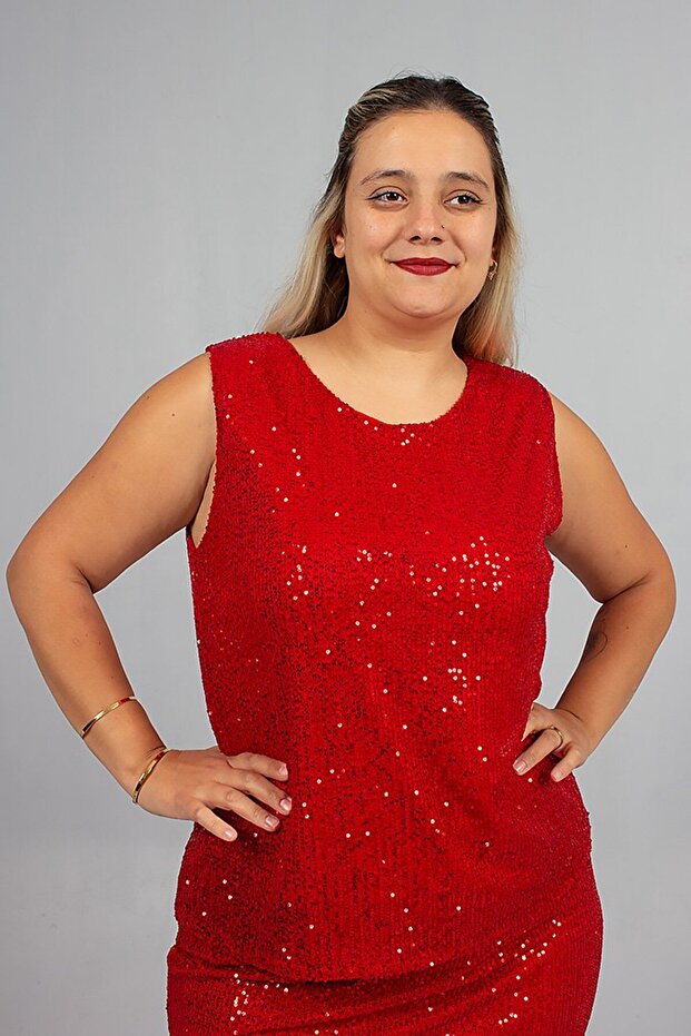 Plus Size Lined Sequin Red Size Sparkling and Stylish Blouse - 3
