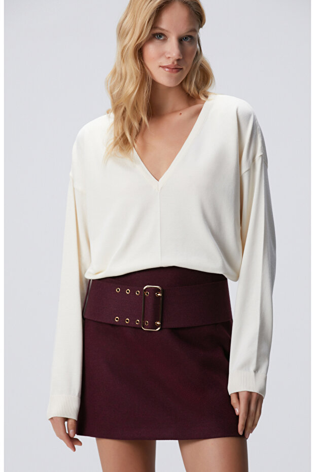 Kırık Beyaz Nervür Detaylı Basic Kazak - 4