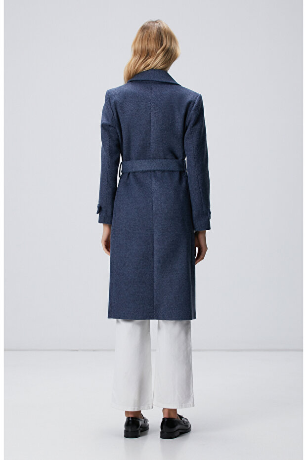 Lacivert Diyagonal Desen Kuşaklı Uzun Palto - 5