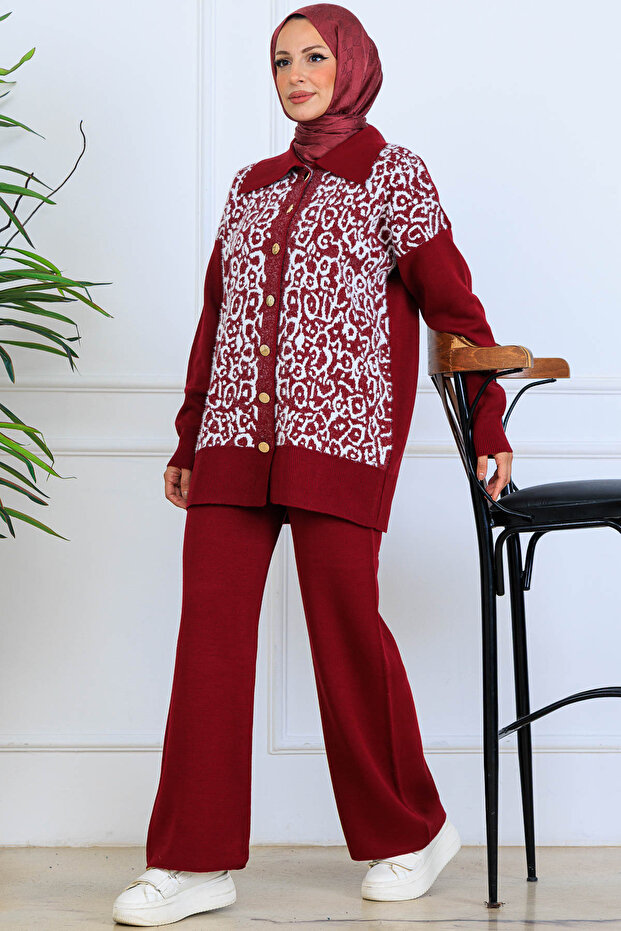 Patterned Button Detailed Knitwear Set S1124 Claret Red