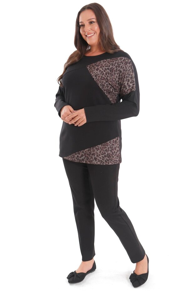 Trend42plus تونيك أسود كبير الحجم بنقشة الفهد - 4