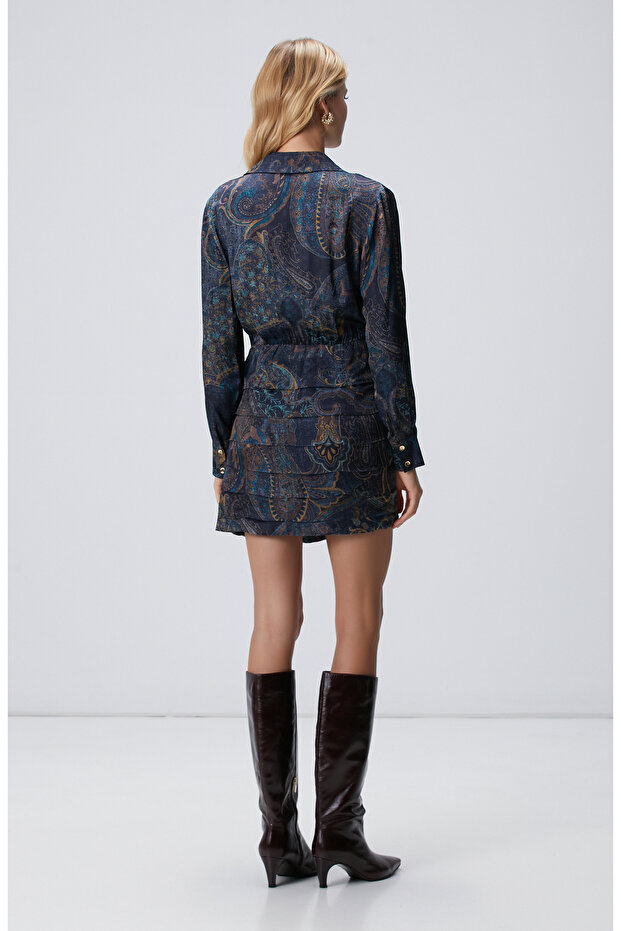 Petrol Desenli Mini Viskon Elbise - 5