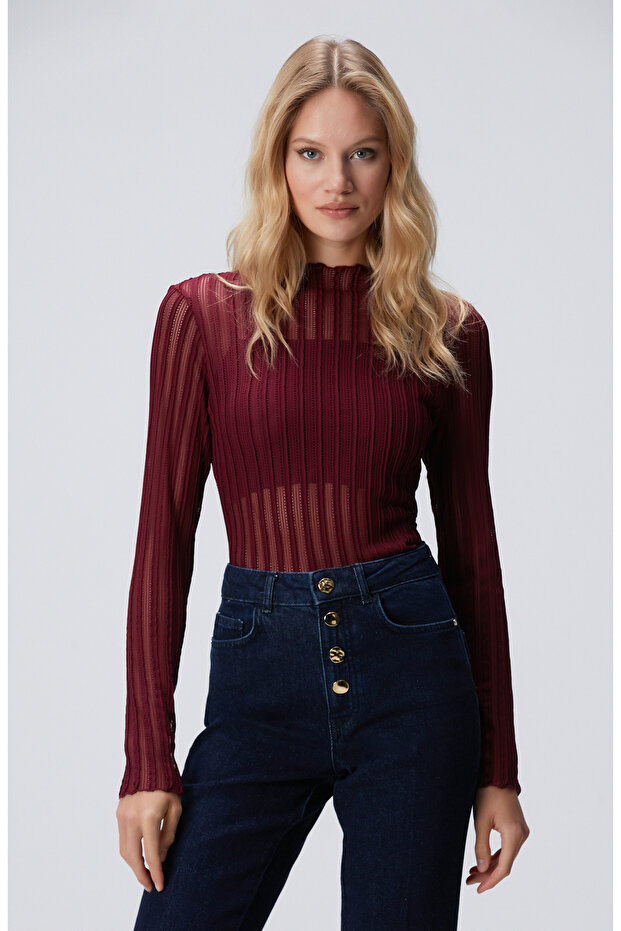 Bordo Desenli Bluz - 1