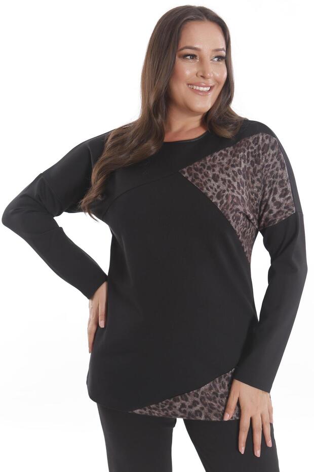 Trend42plus تونيك أسود كبير الحجم بنقشة الفهد - 3