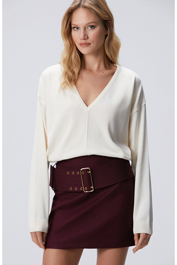 Kırık Beyaz Nervür Detaylı Basic Kazak - 1