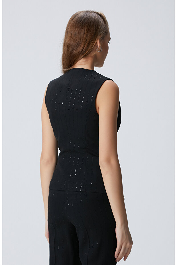 Siyah Payetli Çizgili Yelek - 5