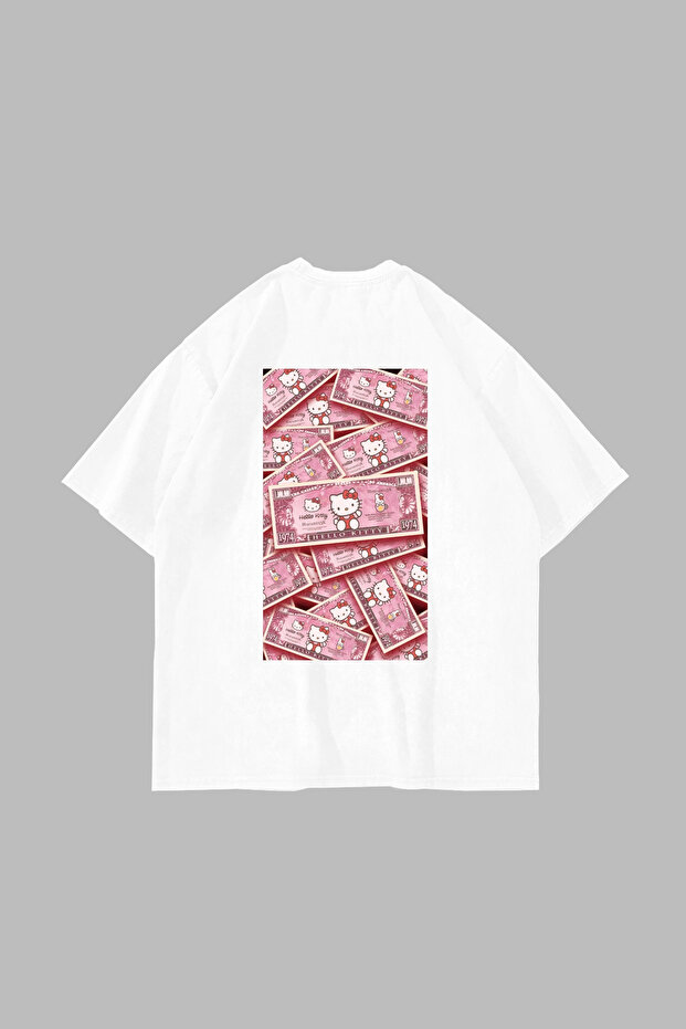 H. Kitty Money Printed Oversize Unisex White Tshirt