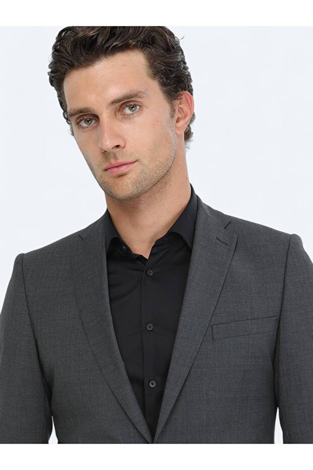 Antrasit Düz Modern Fit Yün Karışımlı Takım Elbise - 3