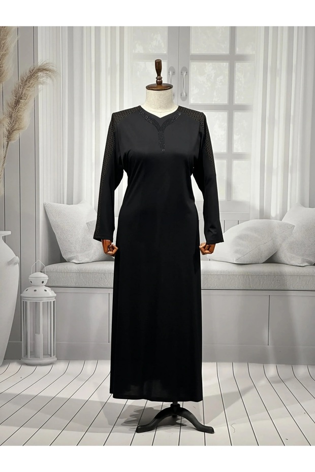 Black Silk Pentagonal Collar Stone Printed Quality Mother Combed Cotton Dress with Handles