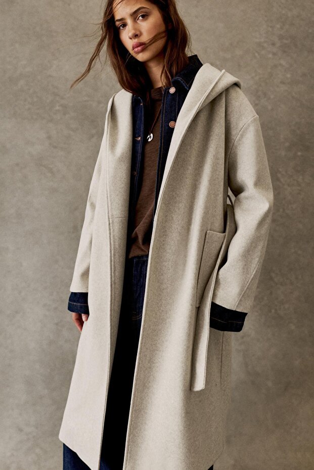 Kapüşonlu uzun kaşe kaban - 1