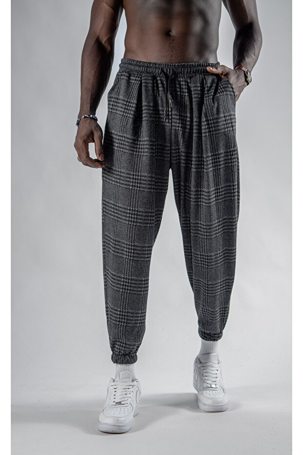 Unisex Jacquard Plaid Patterned Pleated Trousers