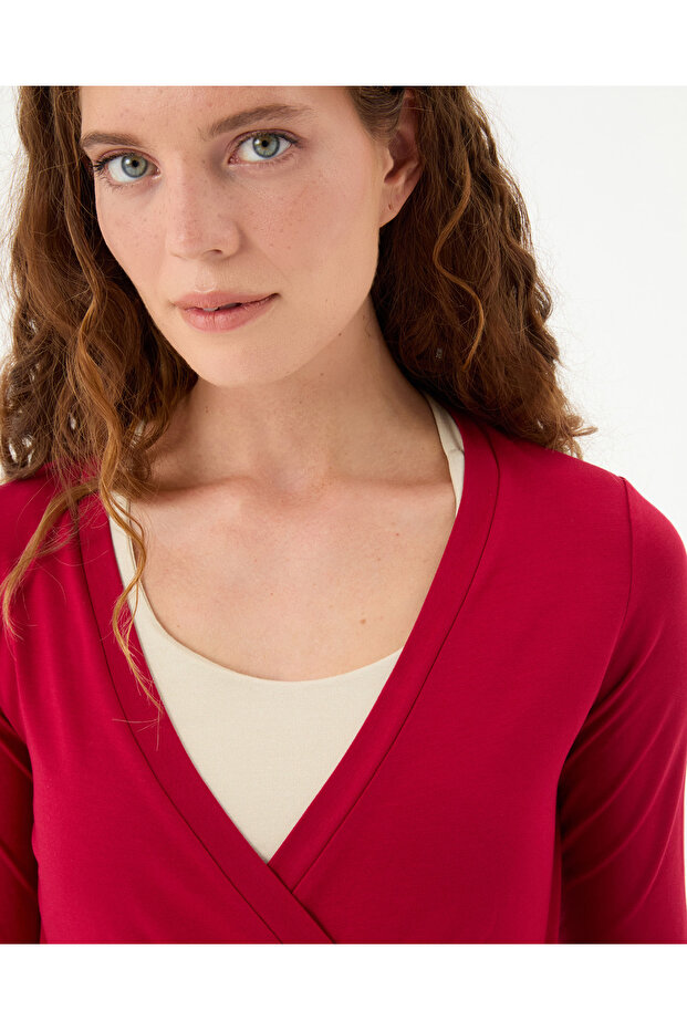Vişne Kırmızı EcoVero™Viskoz Uzun Kollu V Yaka Anvelop Bağlamalı Bluz - 3