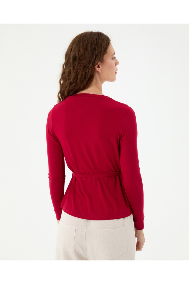 Vişne Kırmızı EcoVero™Viskoz Uzun Kollu V Yaka Anvelop Bağlamalı Bluz - 2