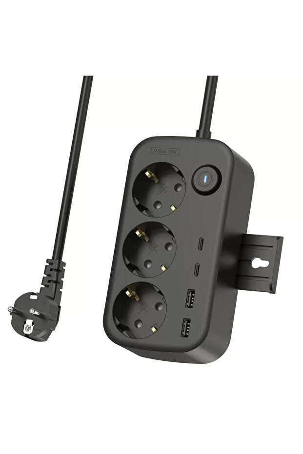 Isı Dayanıklı Duvar Askılı Telefon Tutucu 3'lü Priz 2xUSB 2xType-C Çıkış Anahtarlı Priz Uzatma Kablo - 7