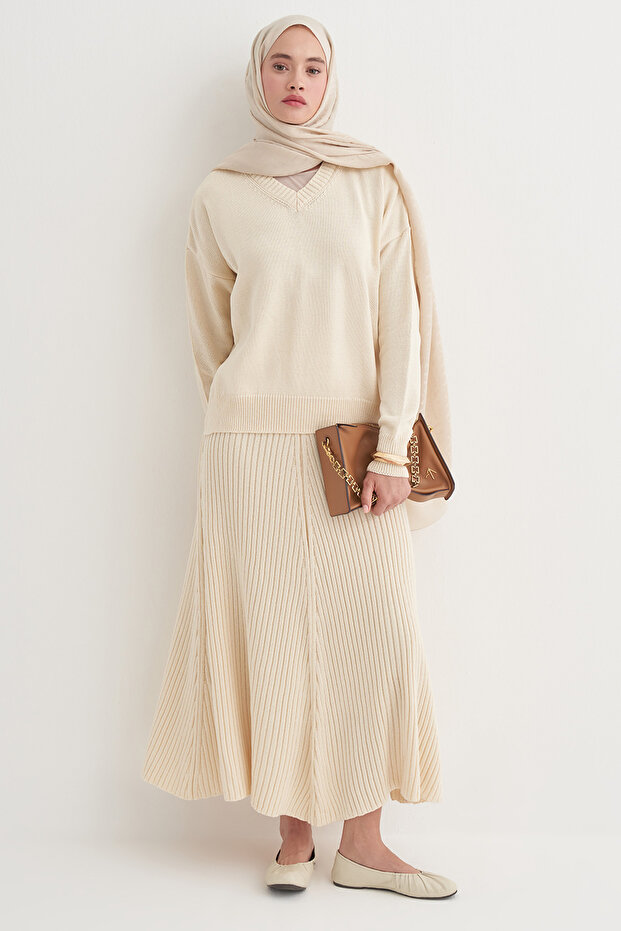Ribbed Knitwear Skirt Set Cream