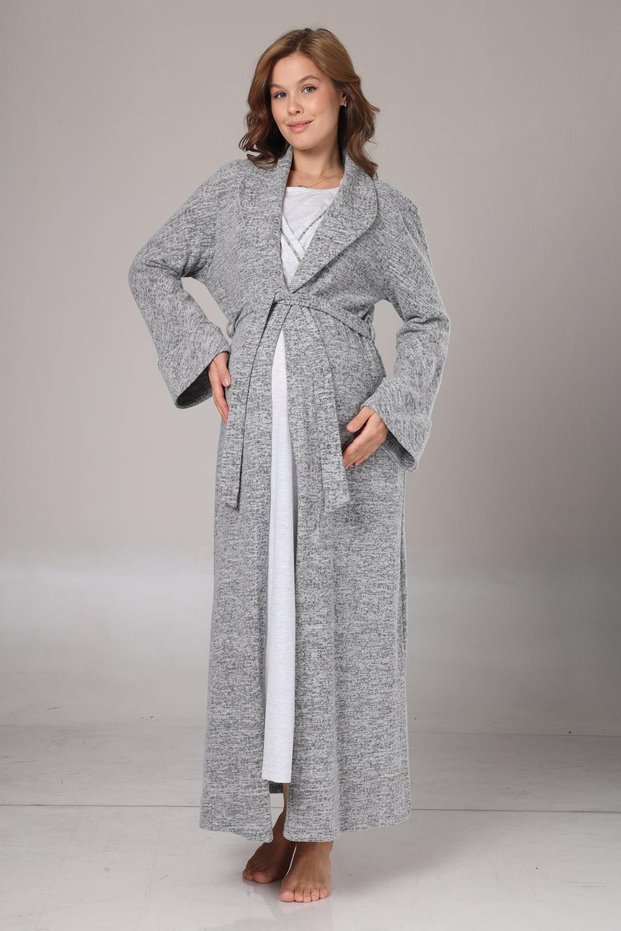 Women's Gray Melange Full Length Winter Long Sleeve Special Design Maternity Dressing Gown Nightgown Set