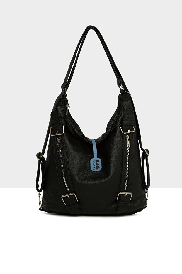 Black Women's Soft Textured Belt Detailed Strap and Back Casual Bag M000008637