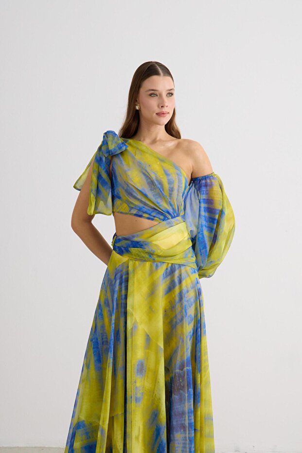 Sarı Tek Kol Empirme Şifon Abiye Elbise - 3