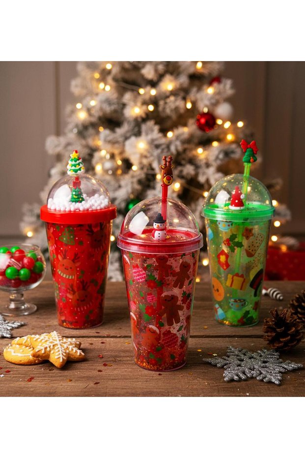 Christmas Themed Snow Globe Glittery Glass with Lid and Straw 450 ml