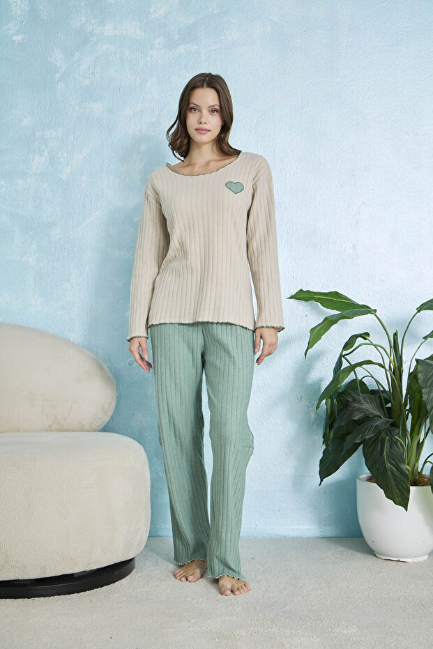Cotton Two-Color Heart Detailed Ribbed Long Sleeve Pajama Set
