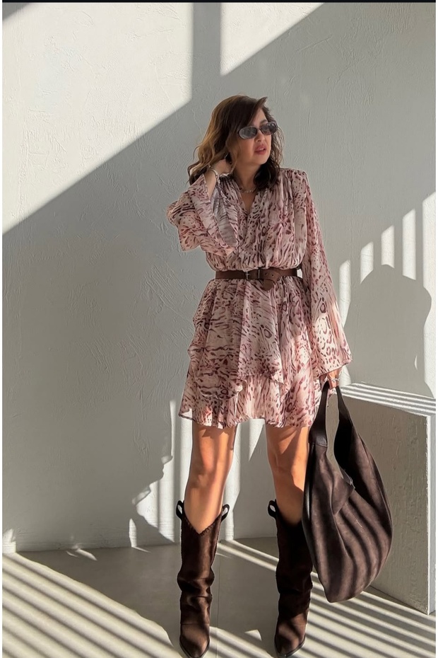 فستان شيفون مزخرف بحزام - 1