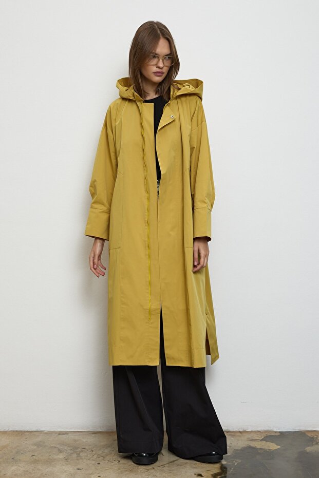 Kapüşonlu Oversize Yağmurluk Sarı - 4