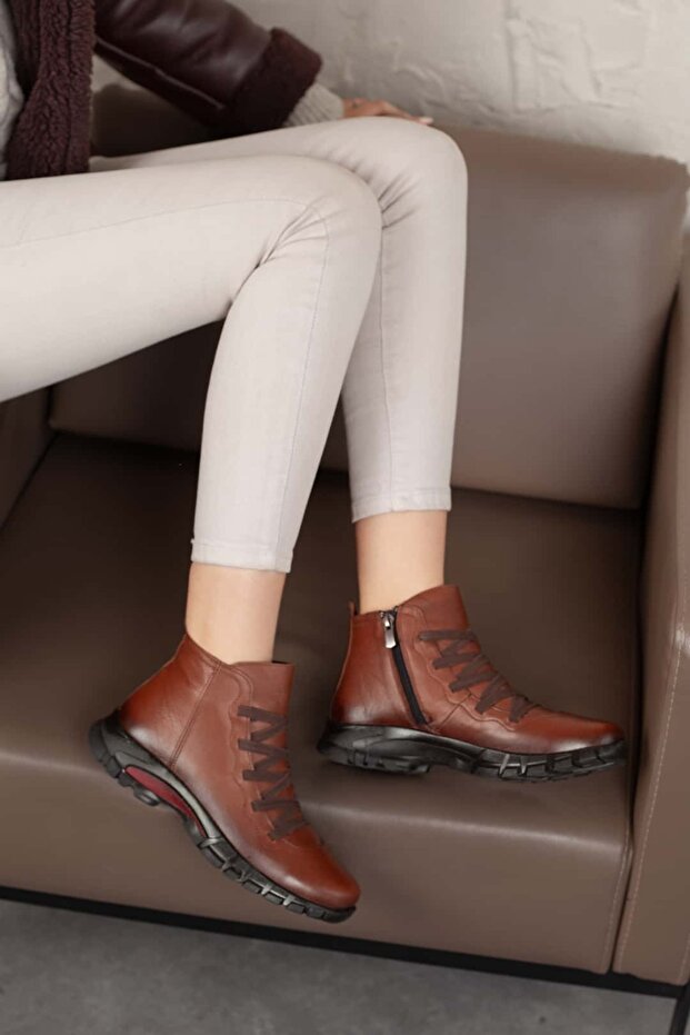 Kadın Hakiki Deri Elastik Bağcıklı ve Fermuarlı Taba Bot - 5