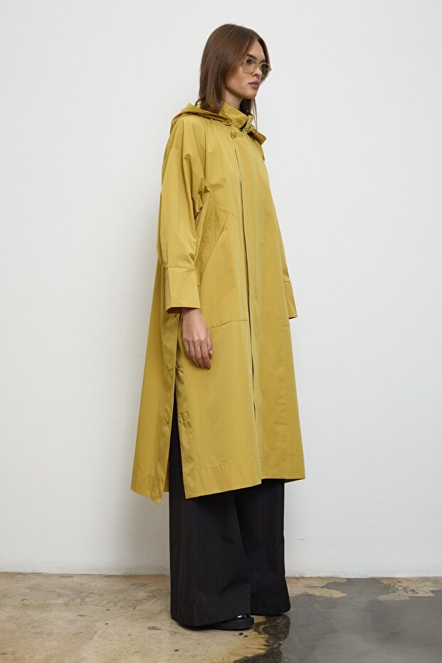 Kapüşonlu Oversize Yağmurluk Sarı - 6