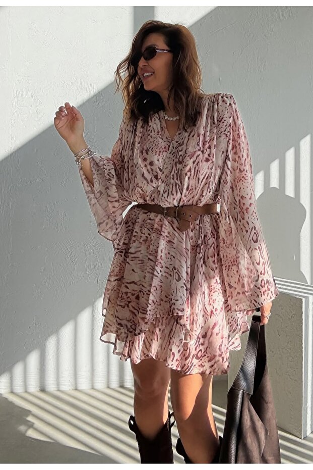 فستان شيفون مزخرف بحزام - 4