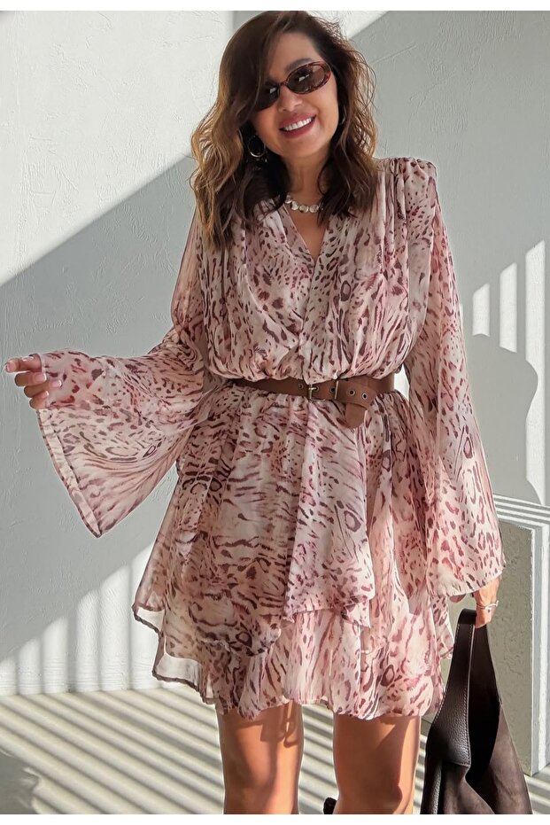 فستان شيفون مزخرف بحزام - 3